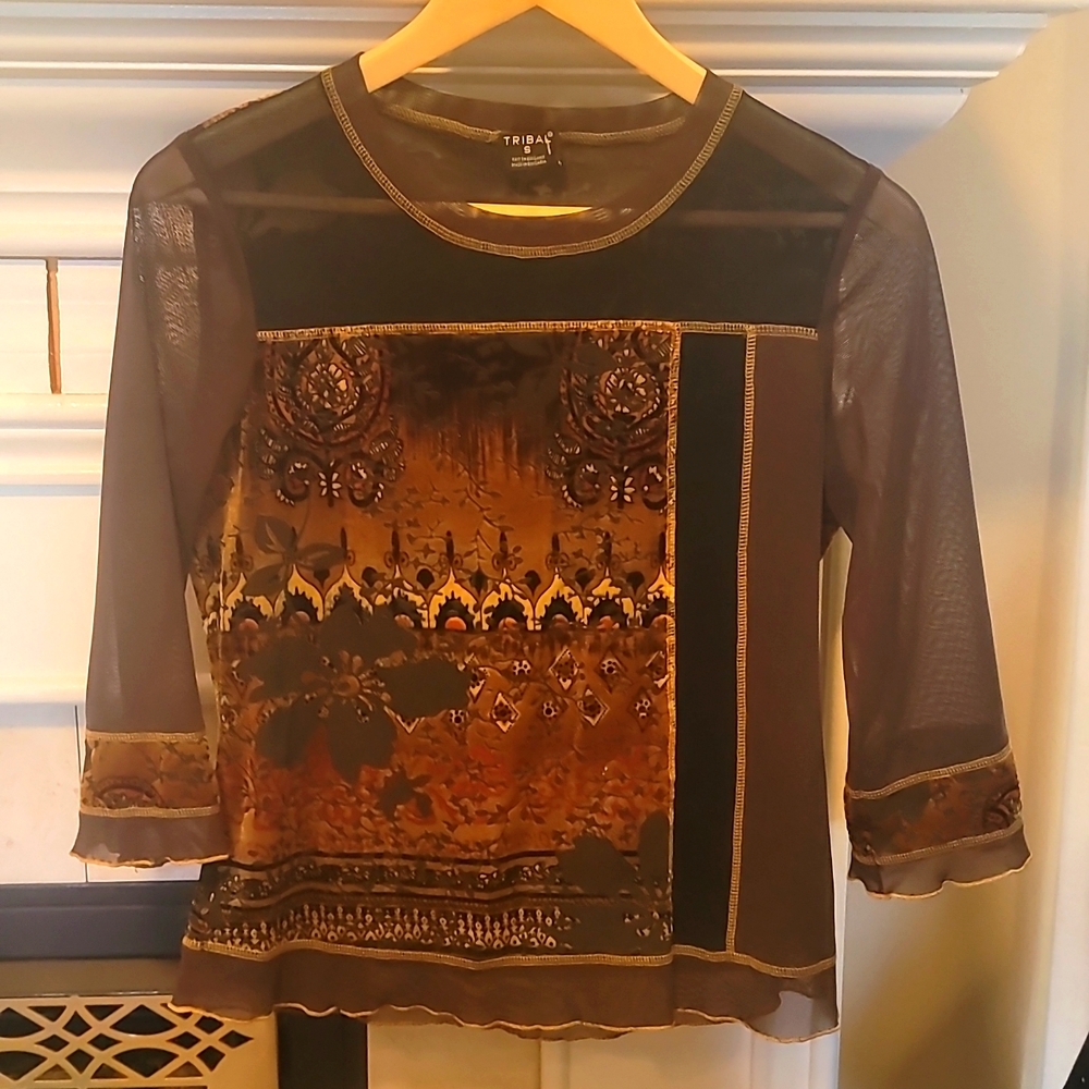 TRIBAL Asian-Inspired Velevet and Sheer Shirt